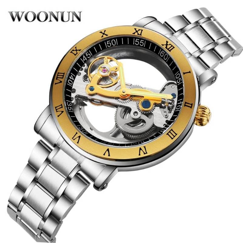 WOONUN New Mens 3ATM Waterproof Luxury Transparent Case Stainless Steel Band Male Mechanical Watch  thumbnail 2
