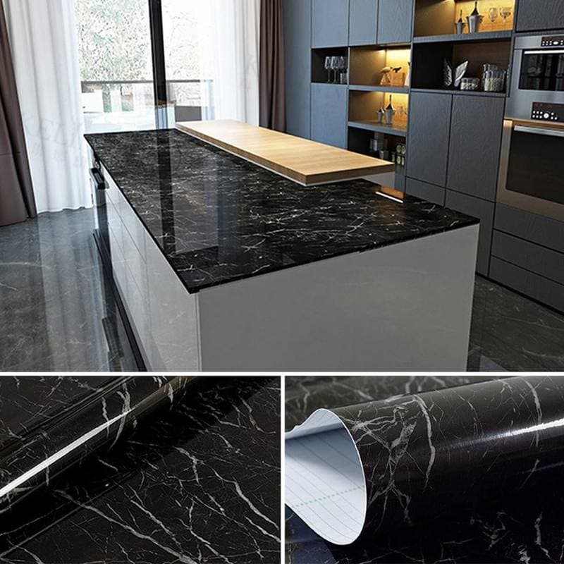 Oil Proof Marble Pattern Self Adhesive Wall Stickers-Black thumbnail 2