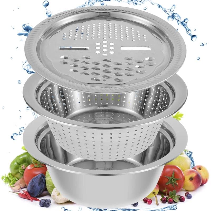 3 In 1 Stainless Steel Drain Basket Vegetable Cutter thumbnail 2